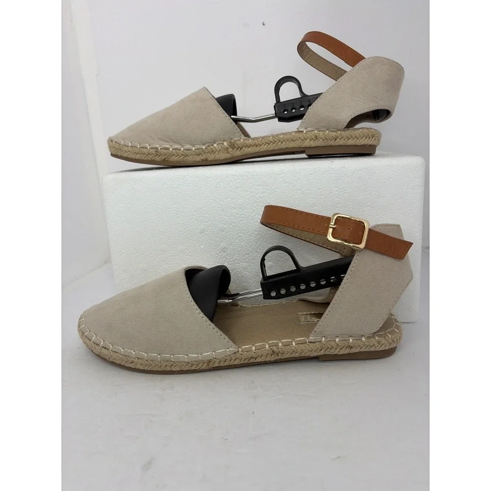Kenee Tan Faux‎ Suede Espadrille Flats Ankle Strap Sandals Size 40